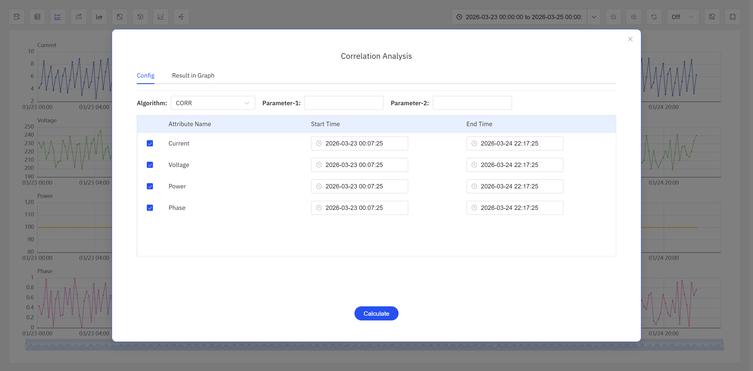 Correlation analysis configuration page