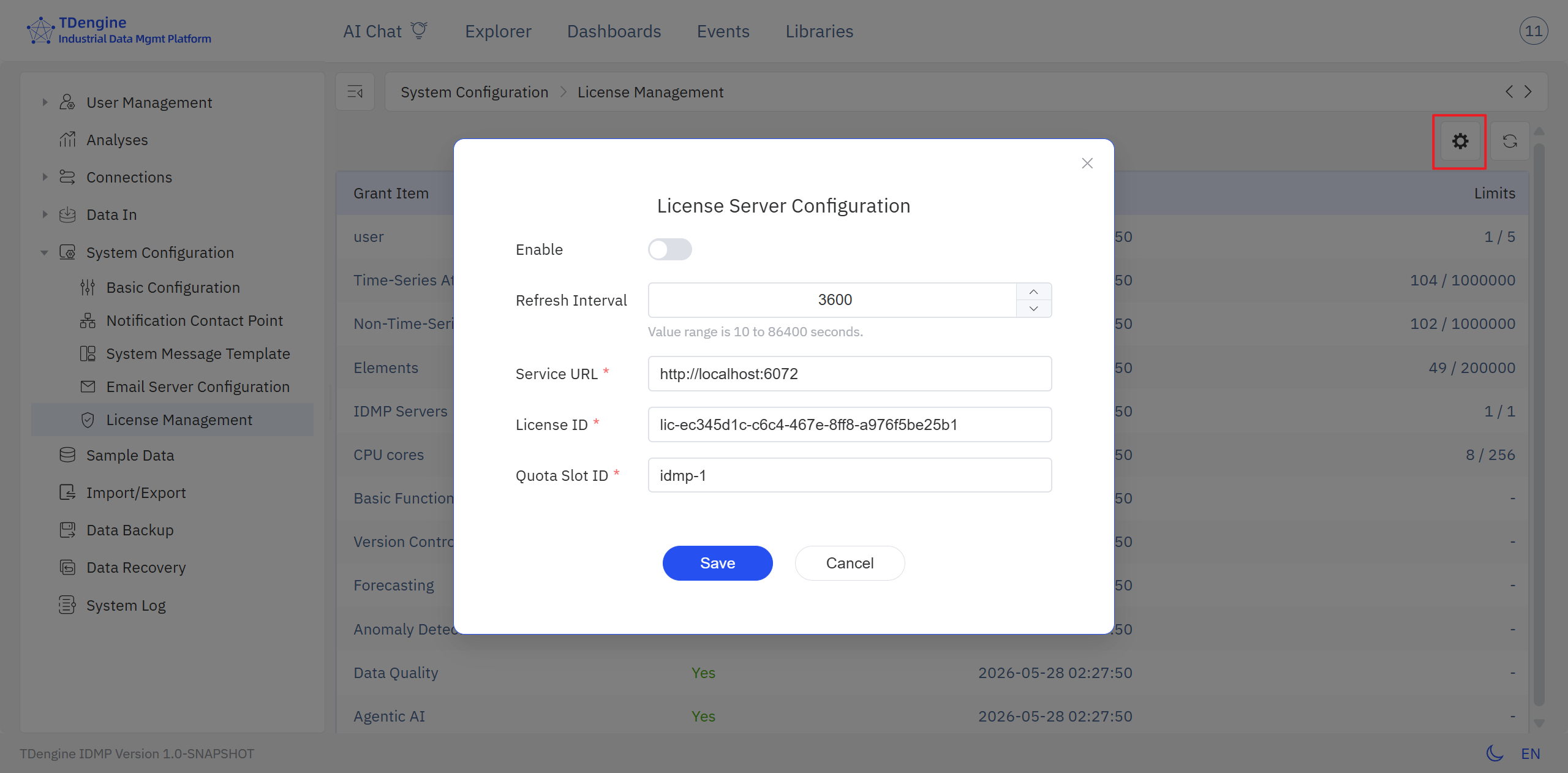 License configuration dialog