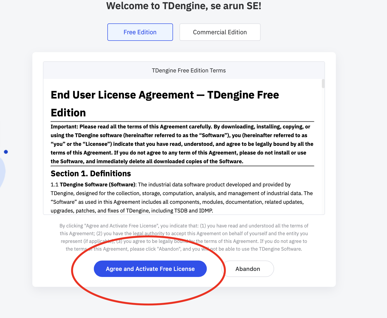TDengine Free Edition license activation