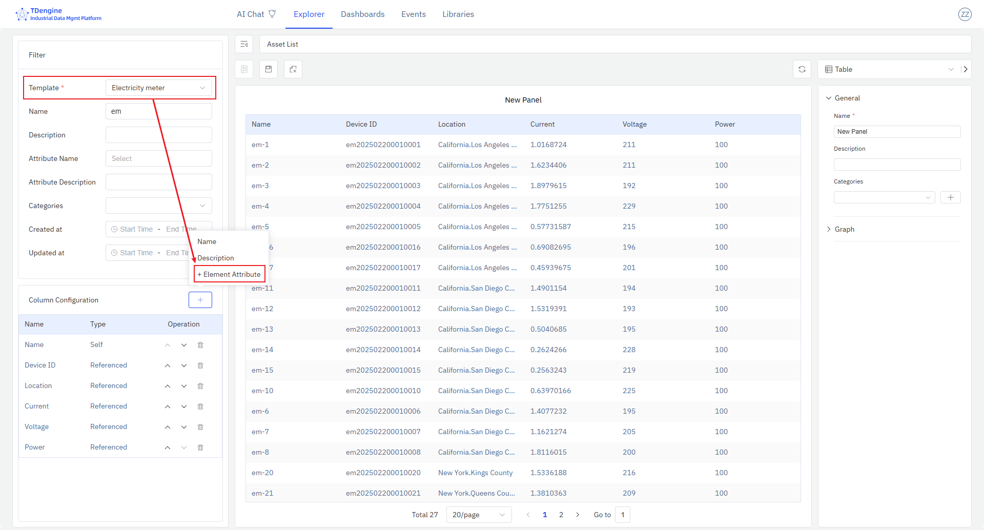 Asset List panel configuration in edit mode