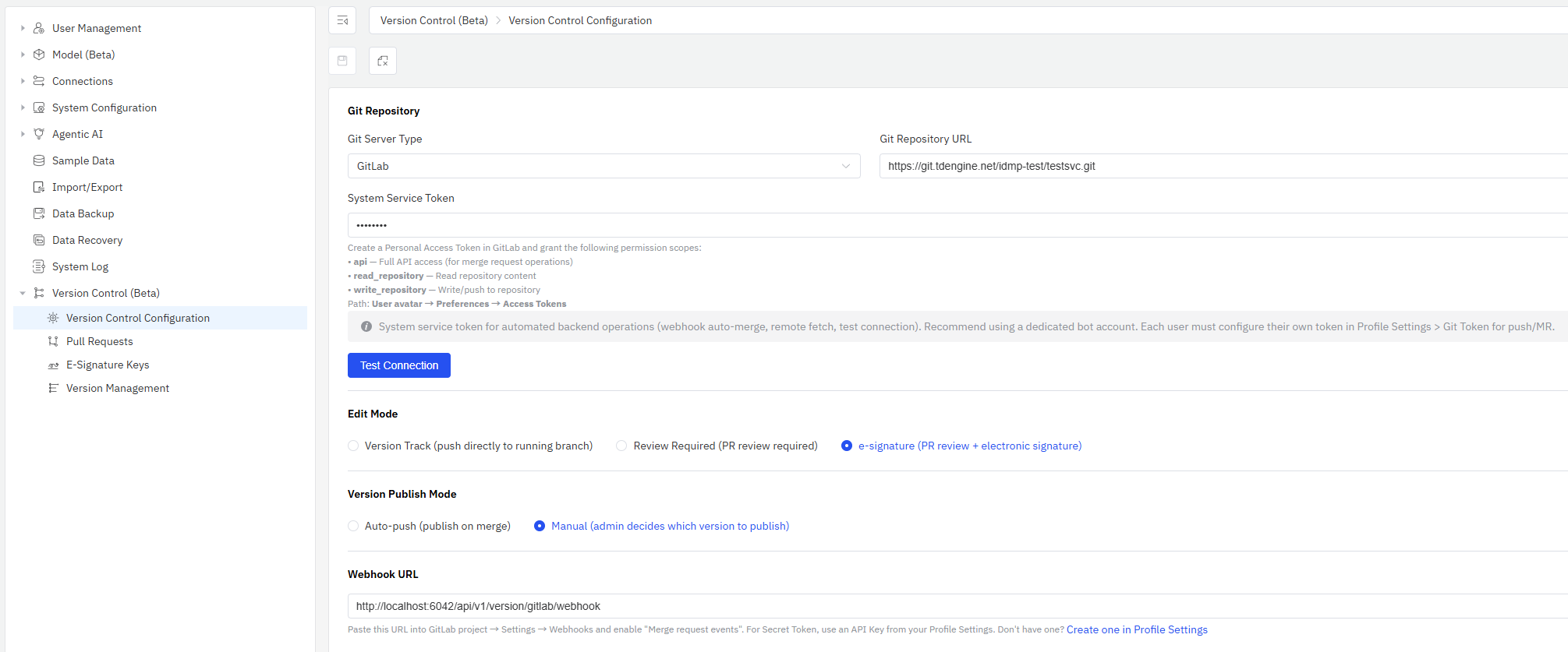Version Control Configuration Page